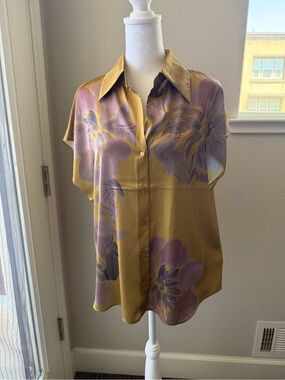 Satin Floral Button-Down Blouse in Mustard and Lavender